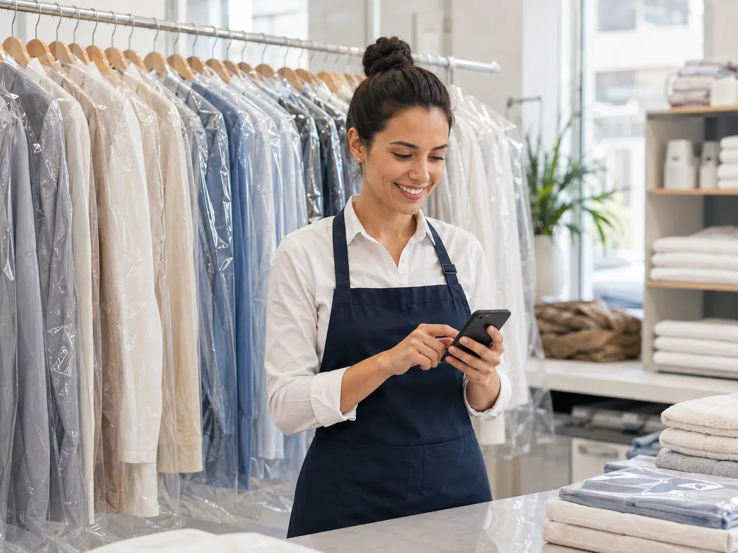 Operatrice di lavanderia usa lo smartphone nel punto vendita